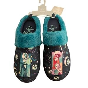 Disney Nightmare Before Christmas Jack Sally Slippers Teal Faux Fur Womens 9